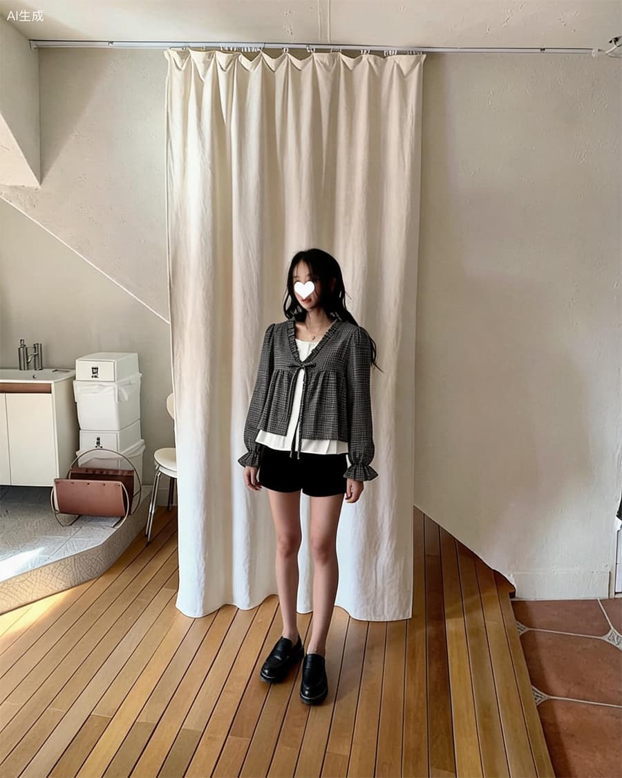 한 부서 ins 바람 체크무늬 페이크 레이어드 인형 셔츠 셔츠 상세 이미지 4