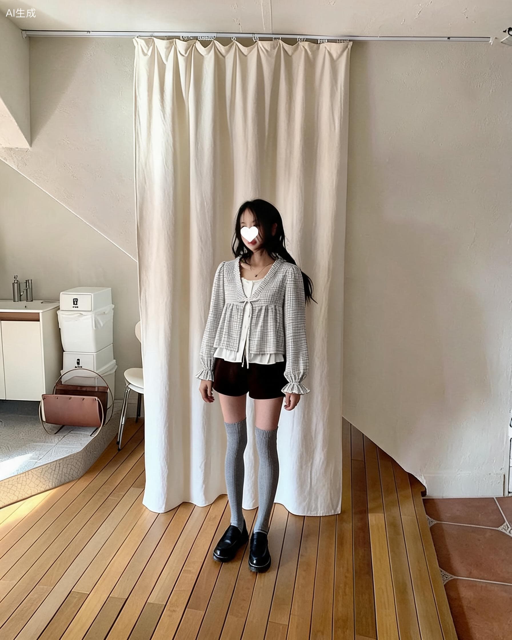 한 부서 ins 바람 체크무늬 페이크 레이어드 인형 셔츠 셔츠 상세 이미지 5