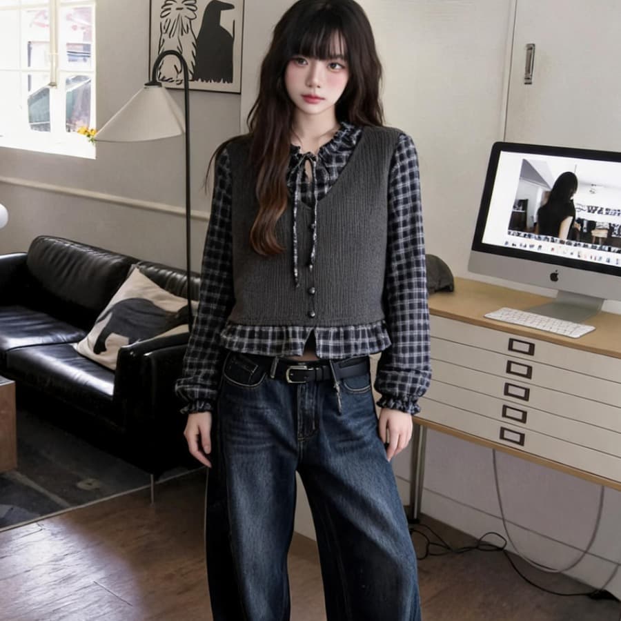 한국 chic 루즈핏 다용도 패치워크 격자 무늬 셔츠 인형 셔츠