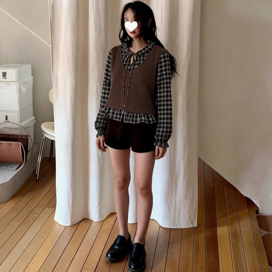 한국 chic 루즈핏 다용도 패치워크 격자 무늬 셔츠 인형 셔츠 이미지 2