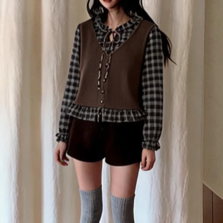 한국 chic 루즈핏 다용도 패치워크 격자 무늬 셔츠 인형 셔츠 이미지 3