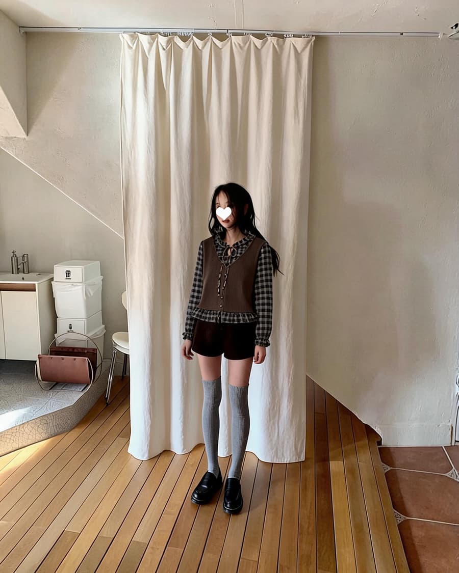 한국 chic 루즈핏 다용도 패치워크 격자 무늬 셔츠 인형 셔츠 상세 이미지 1
