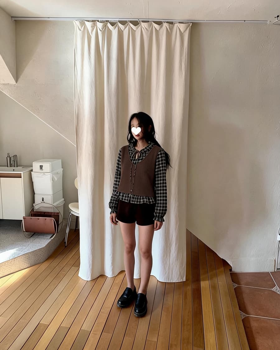 한국 chic 루즈핏 다용도 패치워크 격자 무늬 셔츠 인형 셔츠 상세 이미지 2