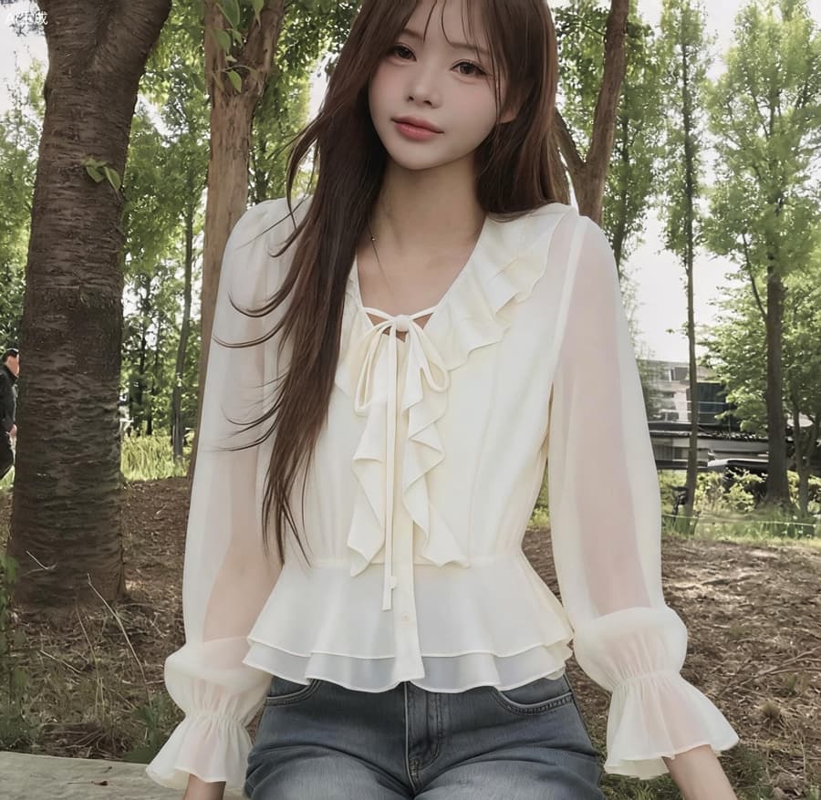 2026 이른 가을 품격 우아함 프릴 쉬폰 허리 수축 셔츠