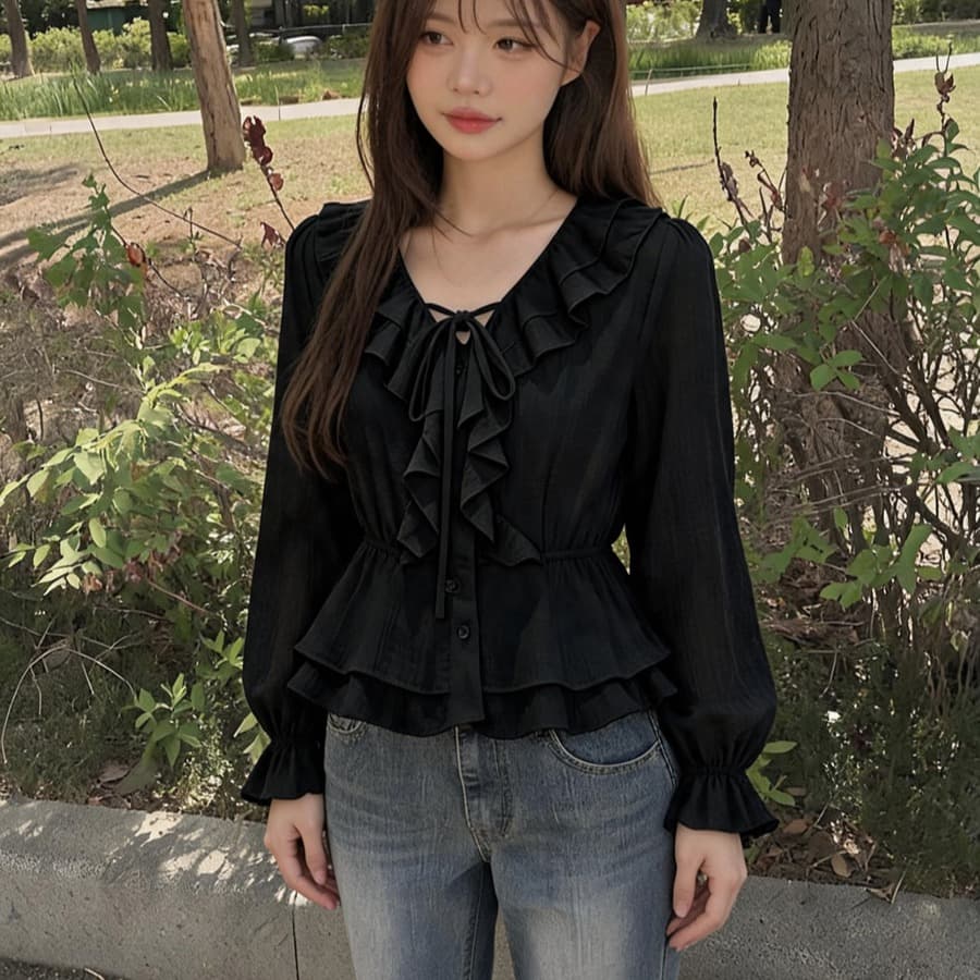 2026 이른 가을 품격 우아함 프릴 쉬폰 허리 수축 셔츠 이미지 5