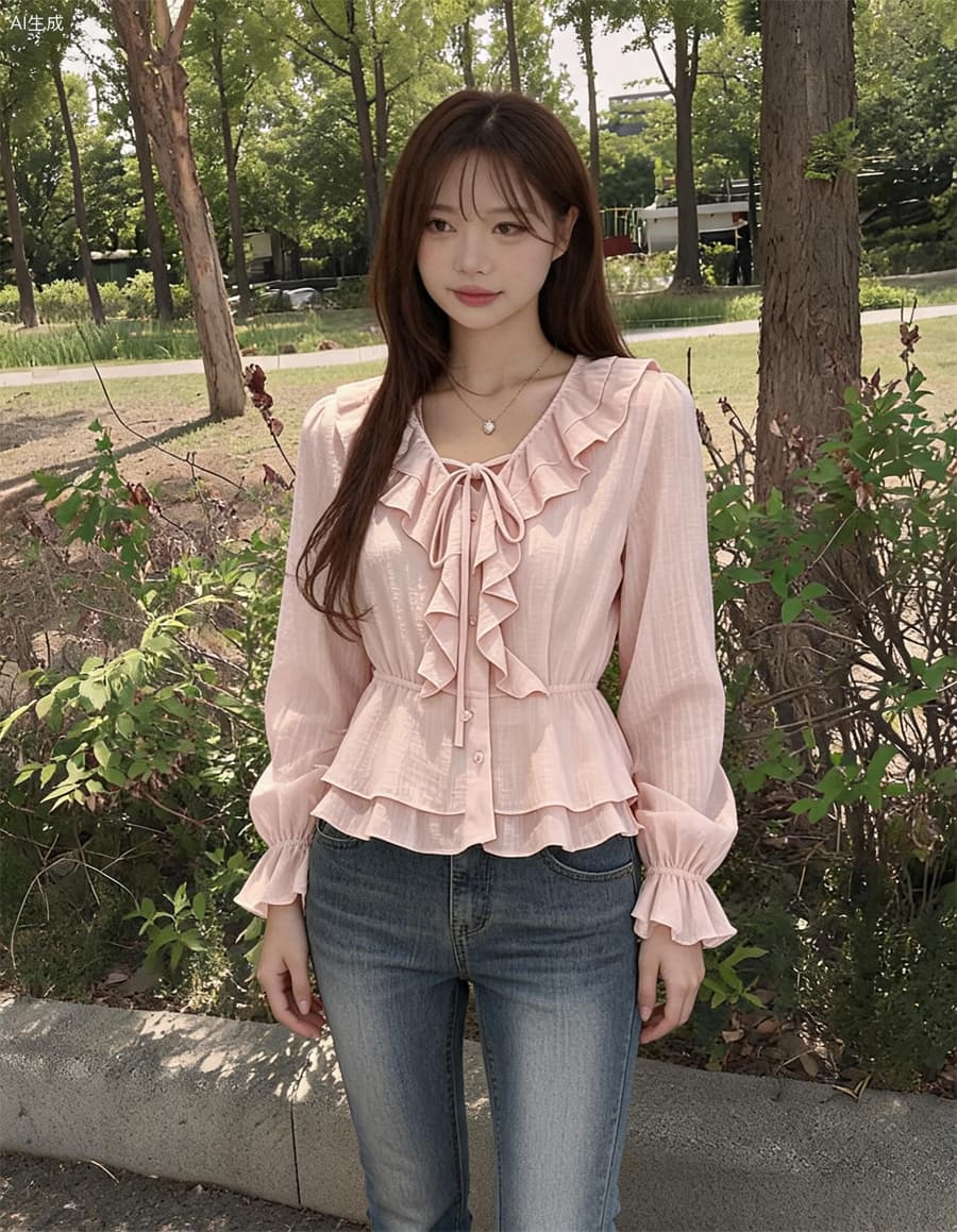 2026 이른 가을 품격 우아함 프릴 쉬폰 허리 수축 셔츠 상세 이미지 2