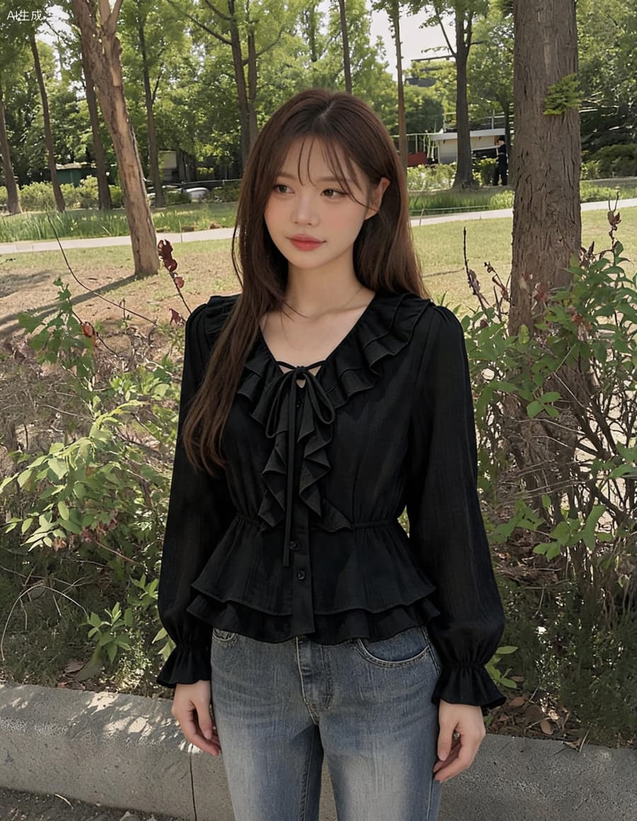 2026 이른 가을 품격 우아함 프릴 쉬폰 허리 수축 셔츠 상세 이미지 3