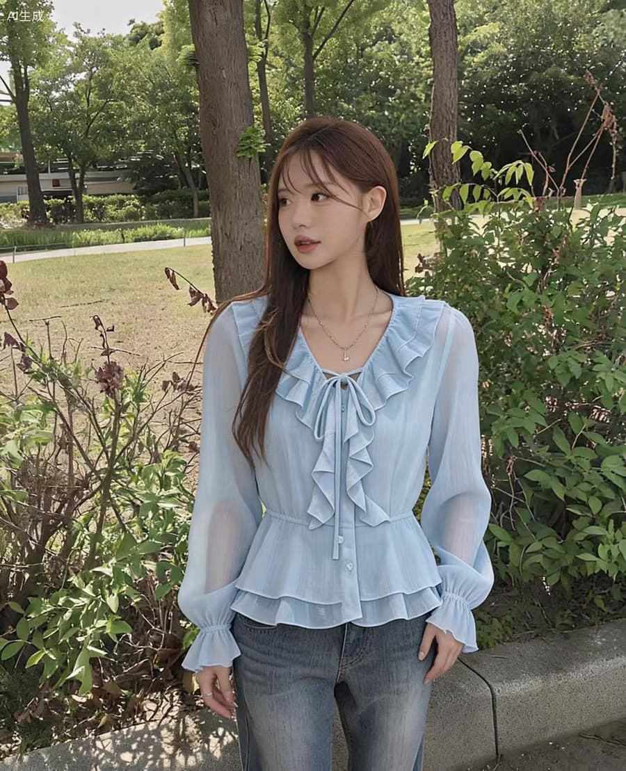 2026 이른 가을 품격 우아함 프릴 쉬폰 허리 수축 셔츠 상세 이미지 4