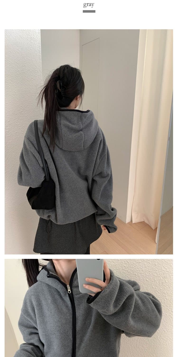 한국 동대문 배색 레트로 기능 중성 플리스 후드 지퍼 보온 후드티 상세 이미지 23