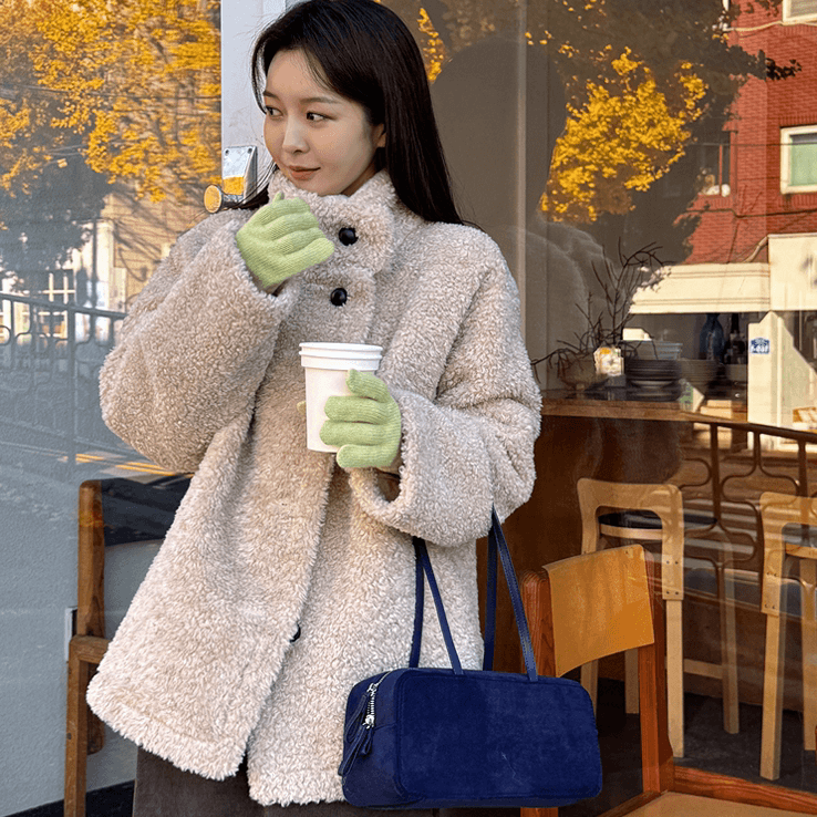 가을 겨울 새로운 2026 한국 여성 의류 패션 스탠드 칼라 싱글 줄 버튼 모방 양털 캐주얼 루즈핏 중간 길이 재킷 상세 이미지 29