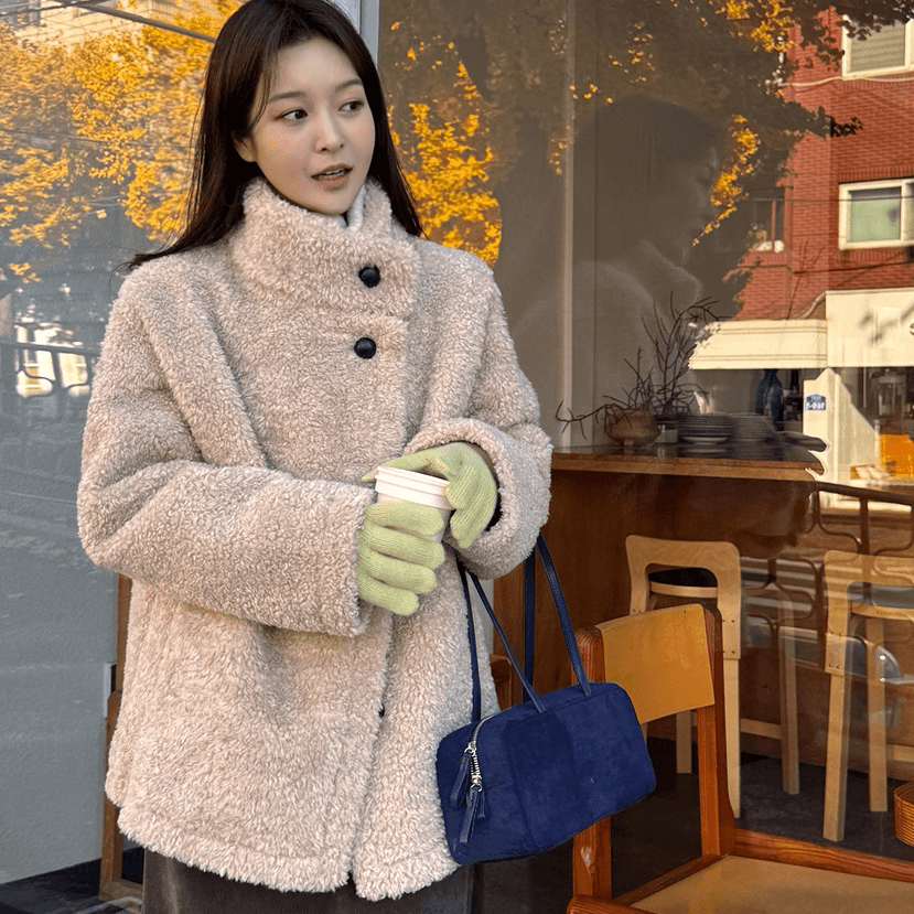 가을 겨울 새로운 2026 한국 여성 의류 패션 스탠드 칼라 싱글 줄 버튼 모방 양털 캐주얼 루즈핏 중간 길이 재킷 상세 이미지 30