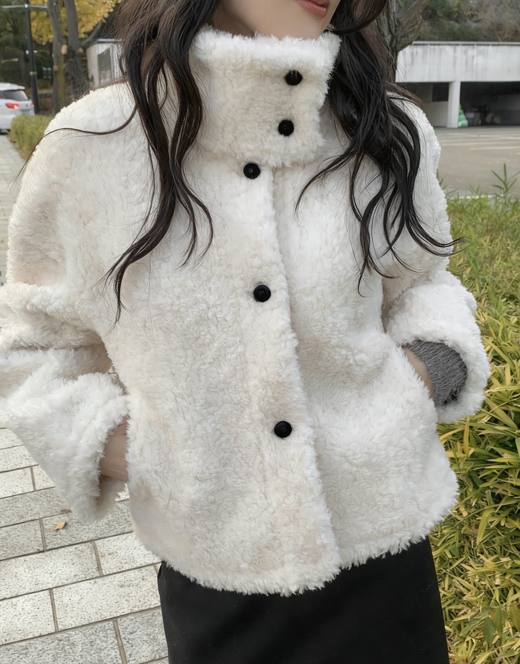 한 부서 스탠드 칼라 학원 스타일 쇼트 스타일 양털 보온 여성 코트 겨울 새로운 싱글 줄 버튼 루즈핏 다용도 코트 이미지 2