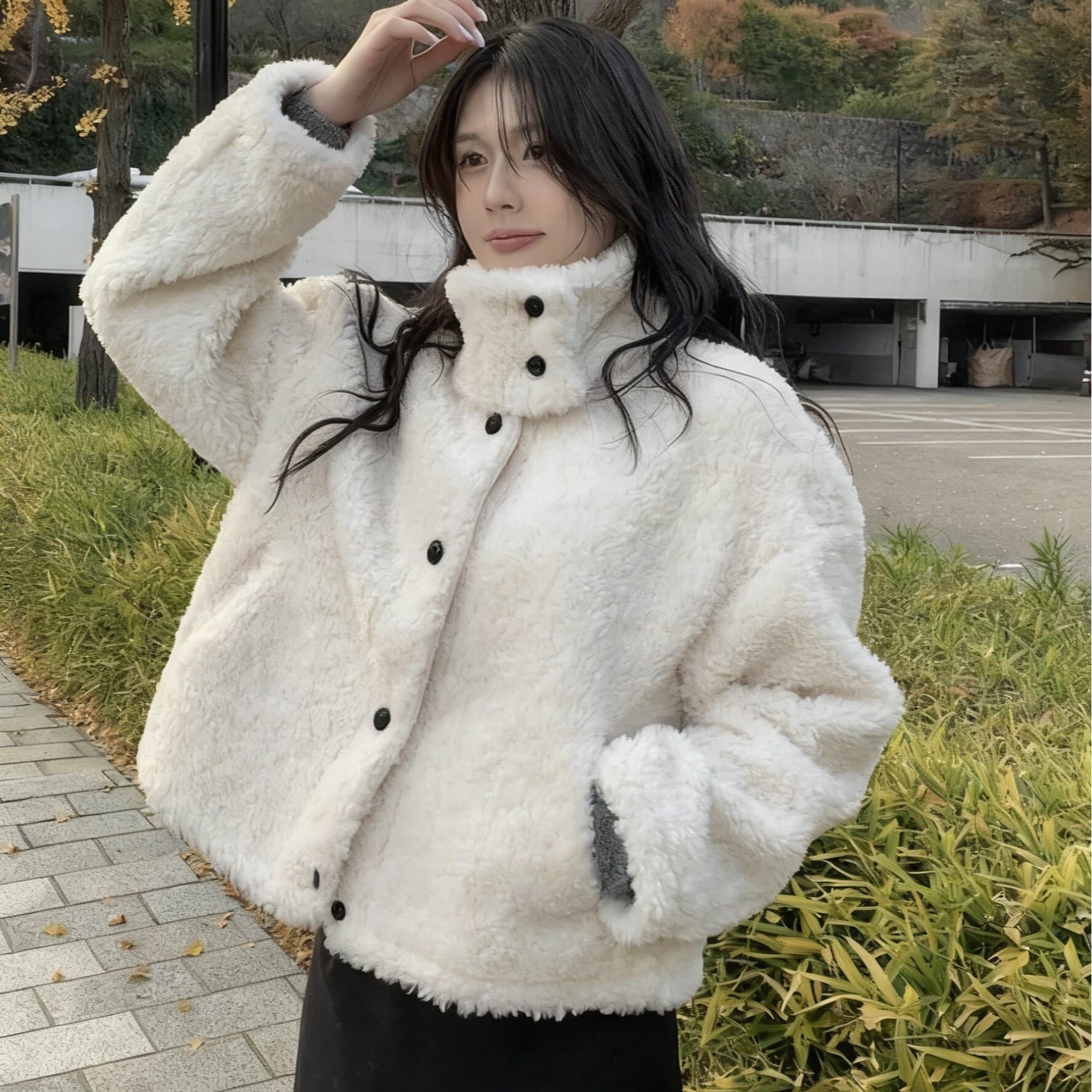 한 부서 스탠드 칼라 학원 스타일 쇼트 스타일 양털 보온 여성 코트 겨울 새로운 싱글 줄 버튼 루즈핏 다용도 코트