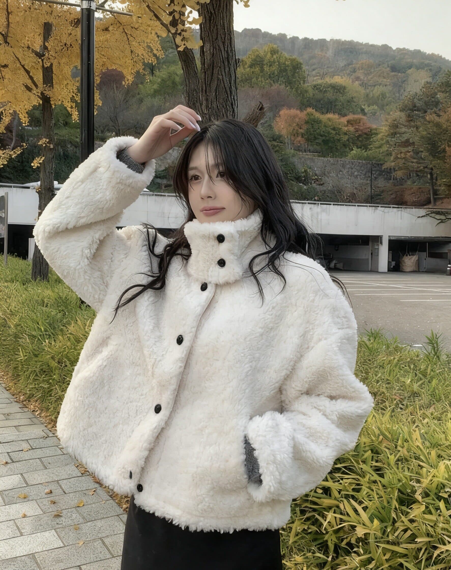 한 부서 스탠드 칼라 학원 스타일 쇼트 스타일 양털 보온 여성 코트 겨울 새로운 싱글 줄 버튼 루즈핏 다용도 코트 상세 이미지 2