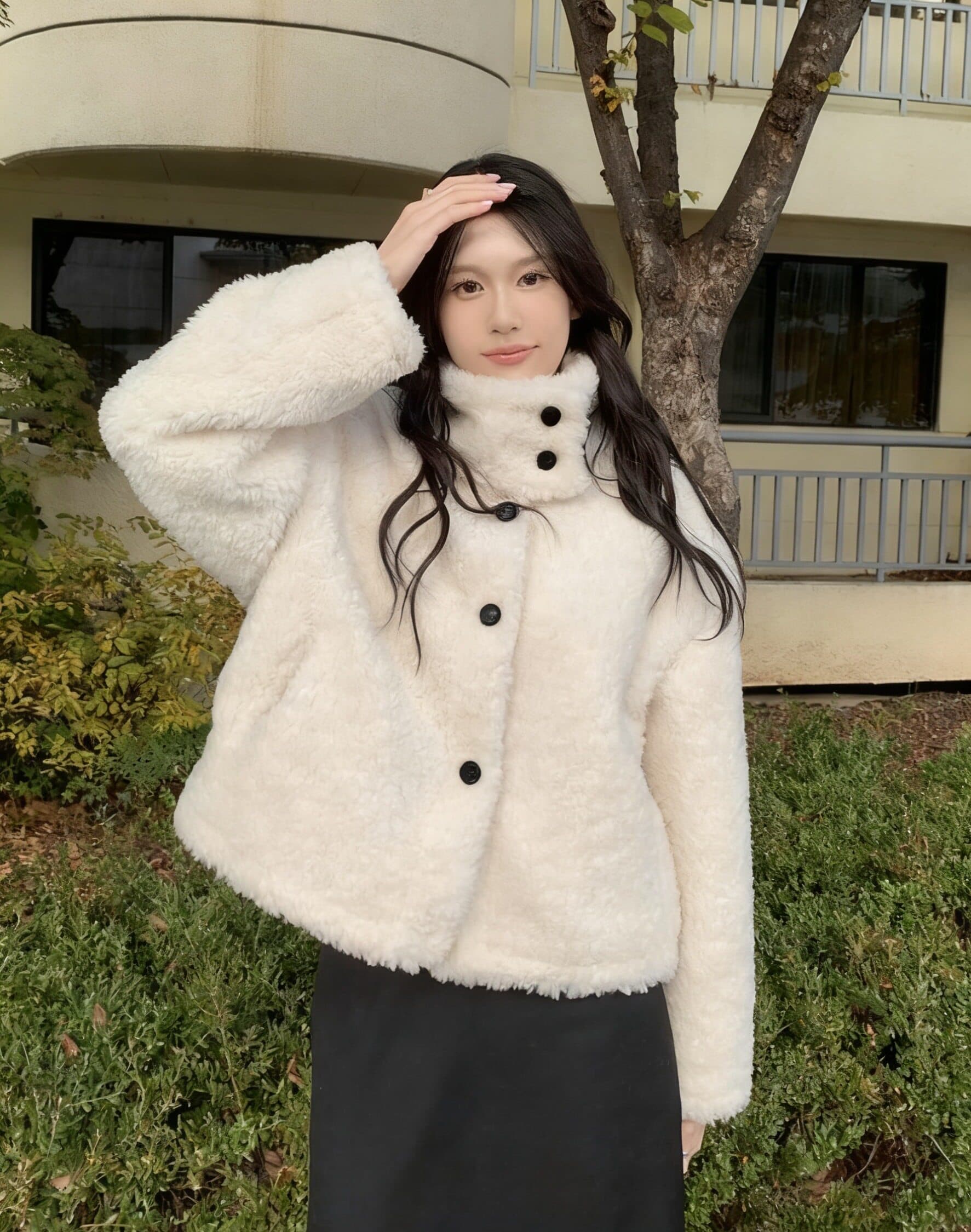 한 부서 스탠드 칼라 학원 스타일 쇼트 스타일 양털 보온 여성 코트 겨울 새로운 싱글 줄 버튼 루즈핏 다용도 코트 상세 이미지 4