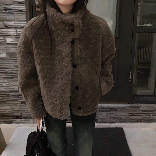 한 부서 스탠드 칼라 학원 스타일 쇼트 스타일 양털 보온 여성 코트 겨울 새로운 싱글 줄 버튼 루즈핏 다용도 코트 상세 이미지 19