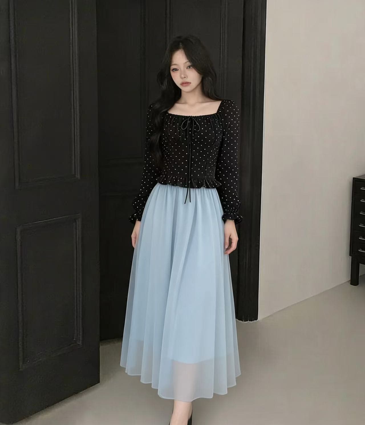 한 부서 달콤함 도트 무늬 광장 칼라 쇼트 스타일 티셔츠 맨위 상세 이미지 1