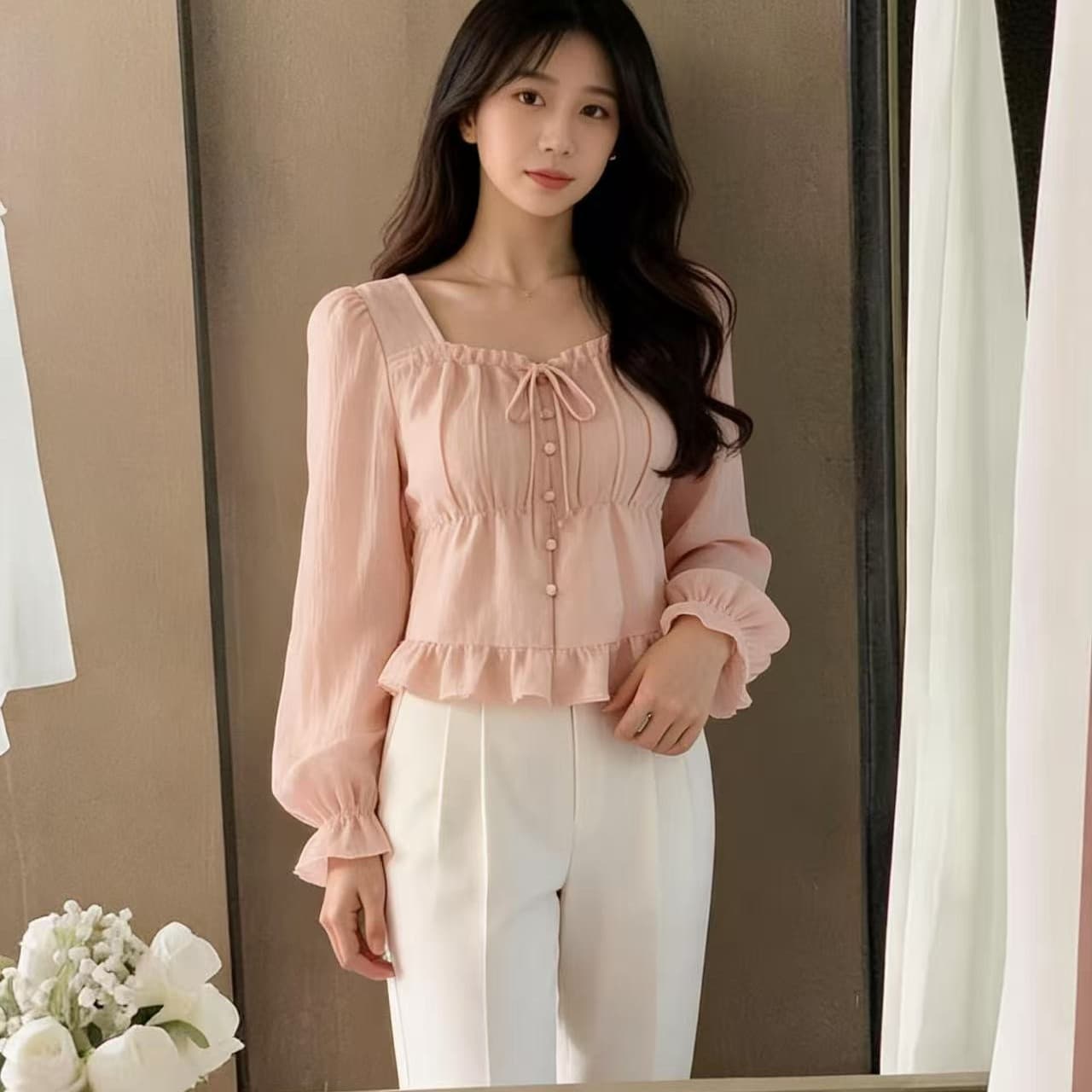 프랑스식 품격 달콤한 미국 칼라 허리 수축 벌룬 소매 쇼트 스타일 쉬폰 셔츠 이미지 3