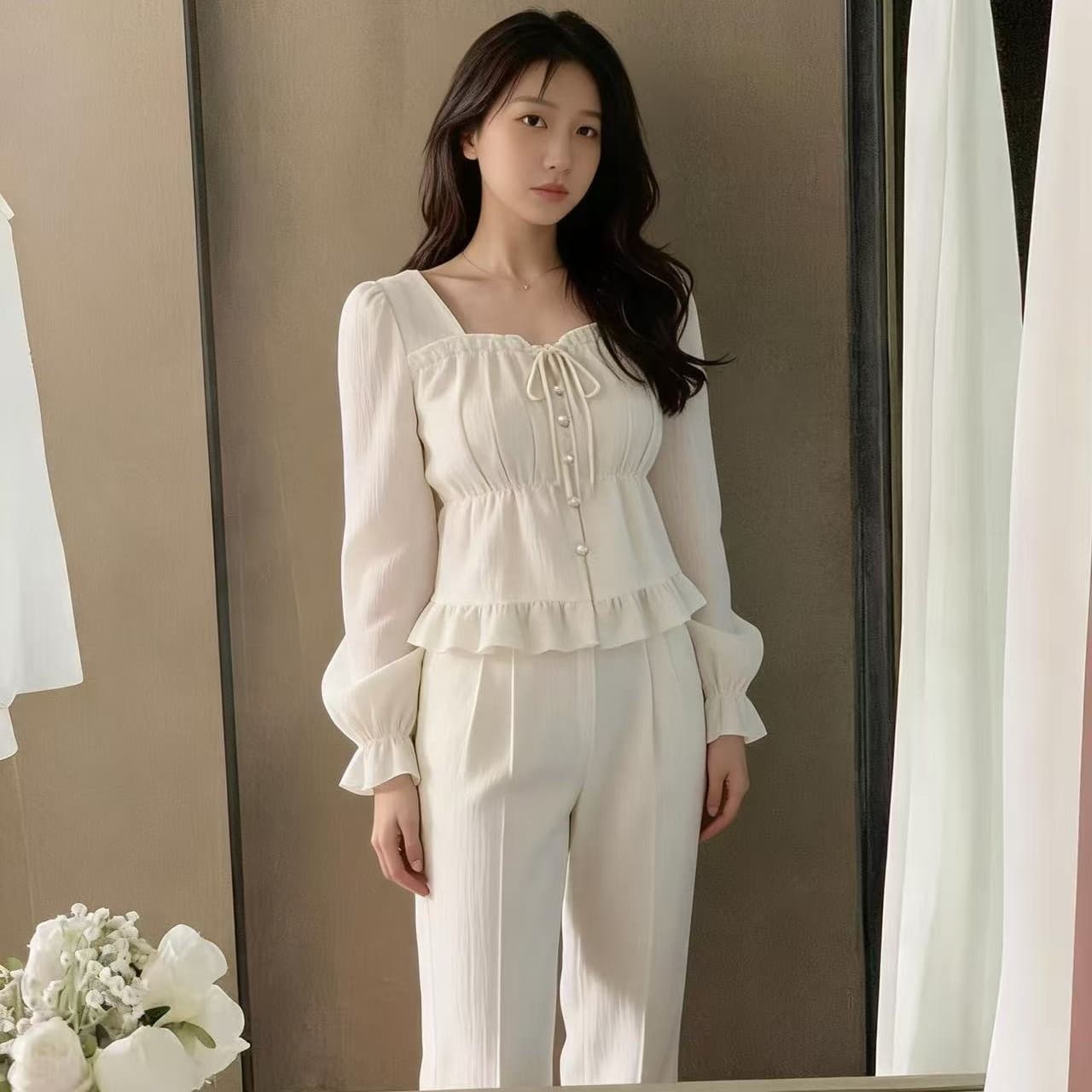 프랑스식 품격 달콤한 미국 칼라 허리 수축 벌룬 소매 쇼트 스타일 쉬폰 셔츠 이미지 4