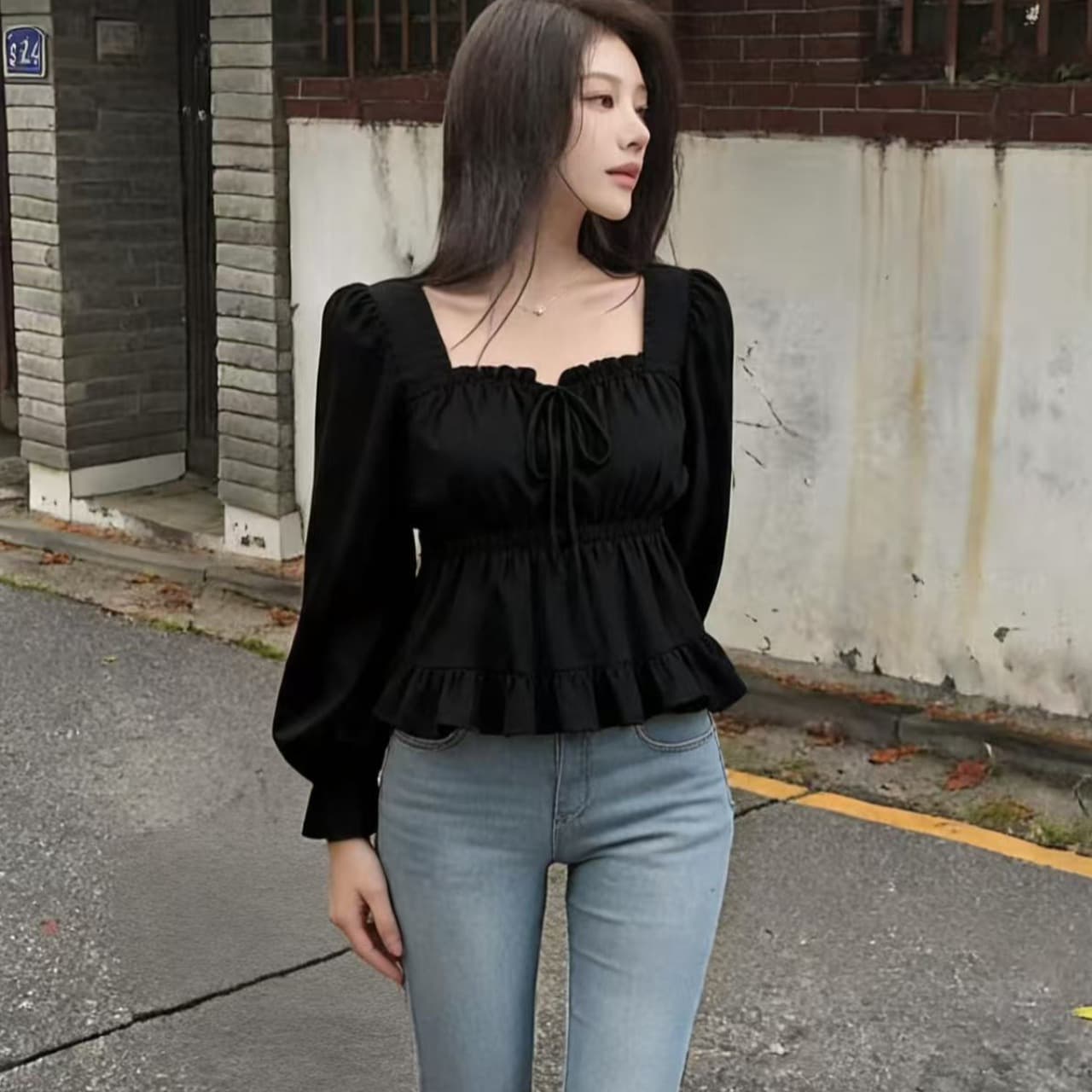 프랑스식 품격 달콤한 미국 칼라 허리 수축 벌룬 소매 쇼트 스타일 쉬폰 셔츠