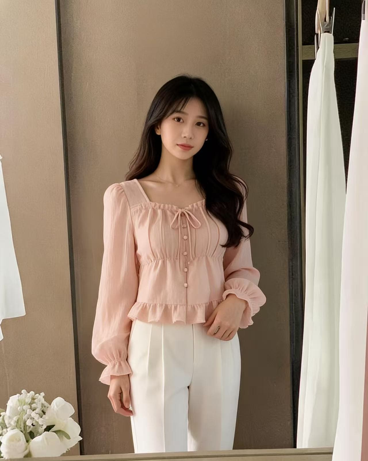 프랑스식 품격 달콤한 미국 칼라 허리 수축 벌룬 소매 쇼트 스타일 쉬폰 셔츠 상세 이미지 3