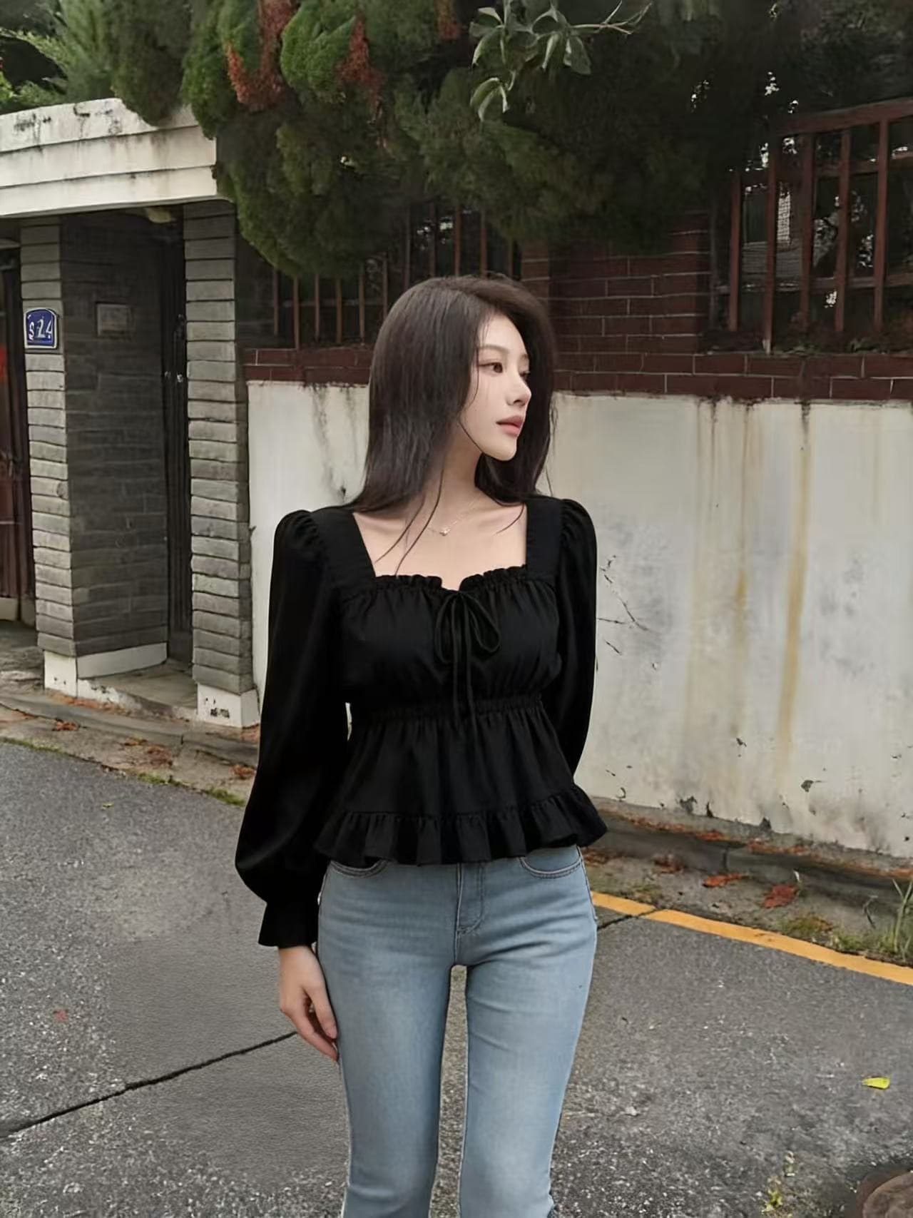 프랑스식 품격 달콤한 미국 칼라 허리 수축 벌룬 소매 쇼트 스타일 쉬폰 셔츠 상세 이미지 6