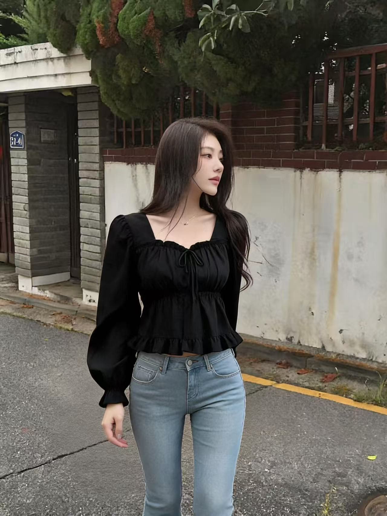 프랑스식 품격 달콤한 미국 칼라 허리 수축 벌룬 소매 쇼트 스타일 쉬폰 셔츠 상세 이미지 7