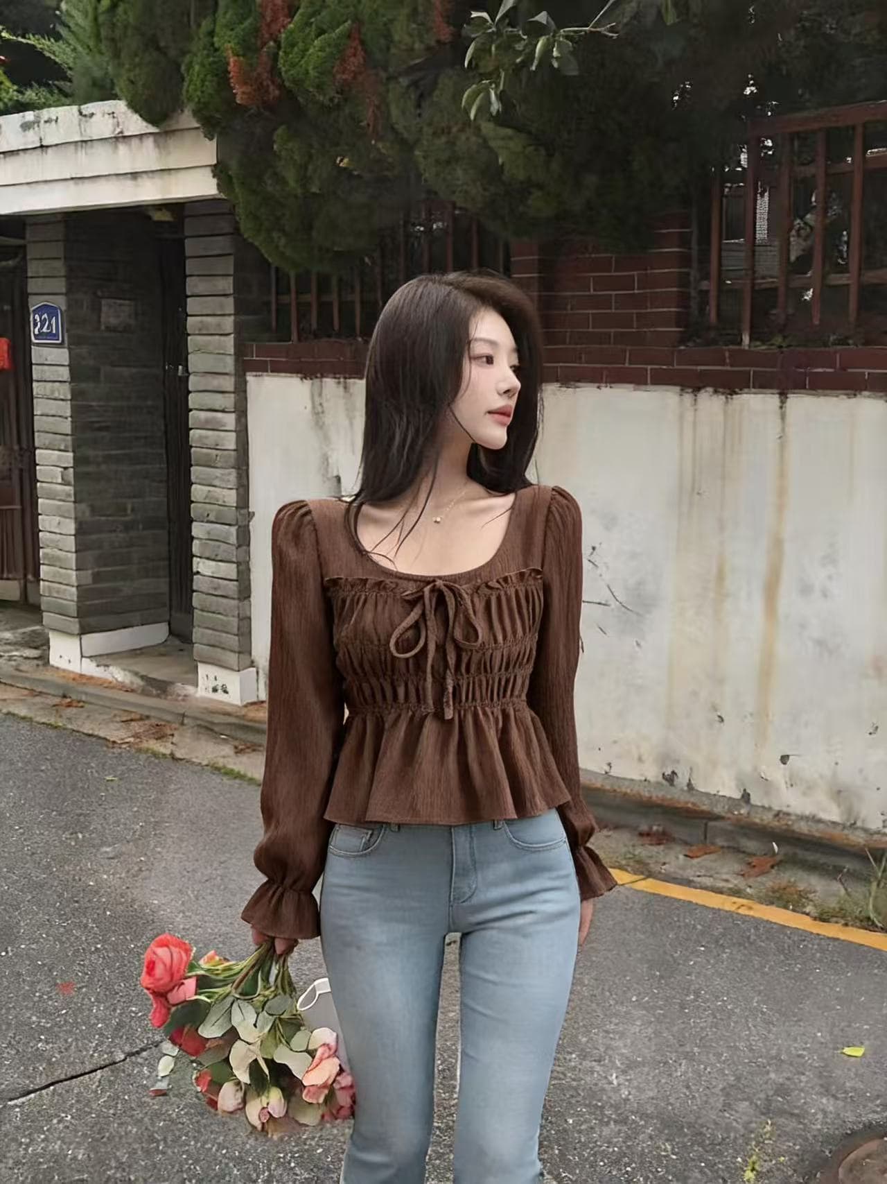 한국 2025 가을 신제품 품격 광장 칼라 허리 수축 벌룬 소매 셔츠 상세 이미지 2