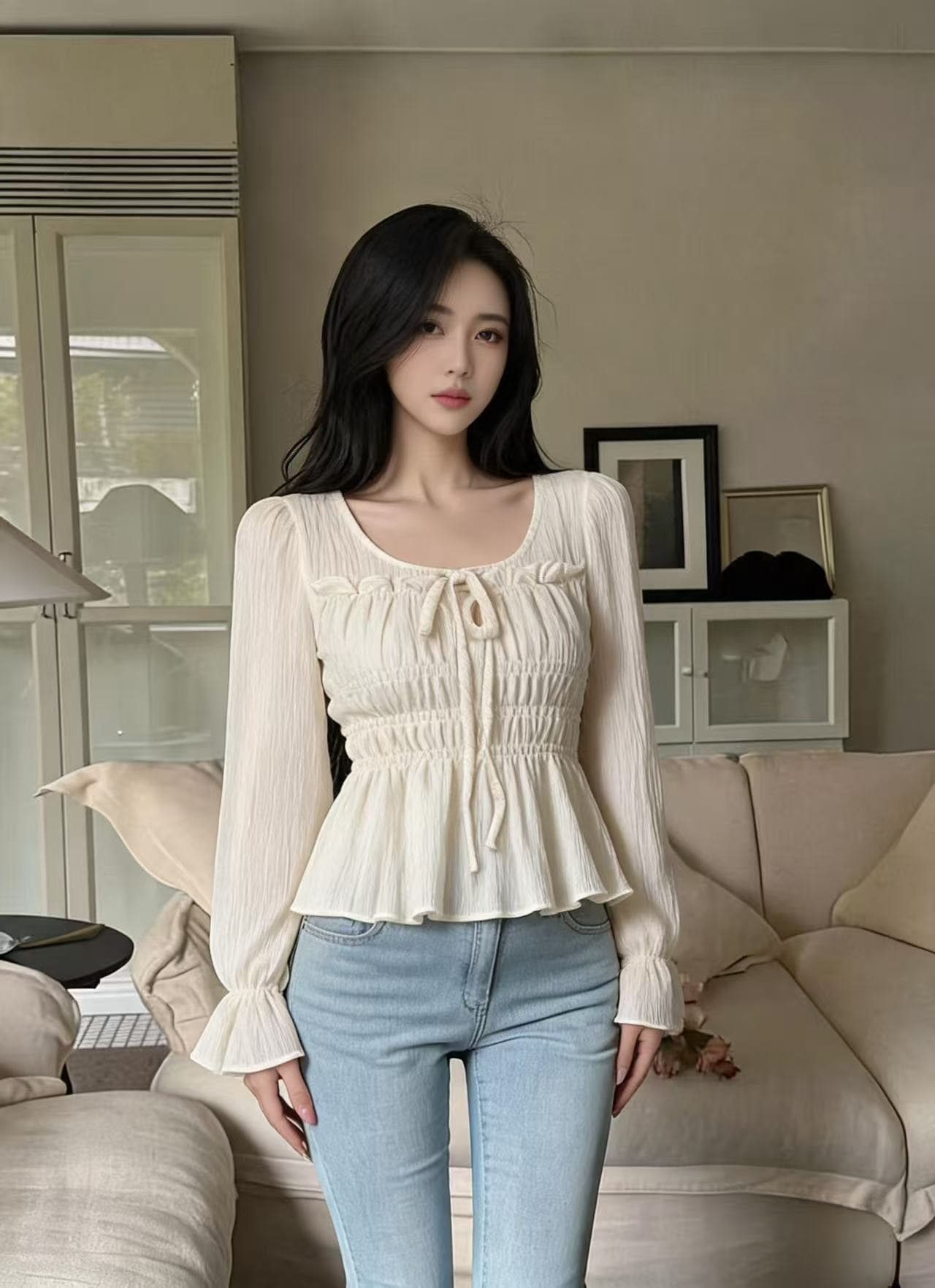 한국 2025 가을 신제품 품격 광장 칼라 허리 수축 벌룬 소매 셔츠 상세 이미지 4