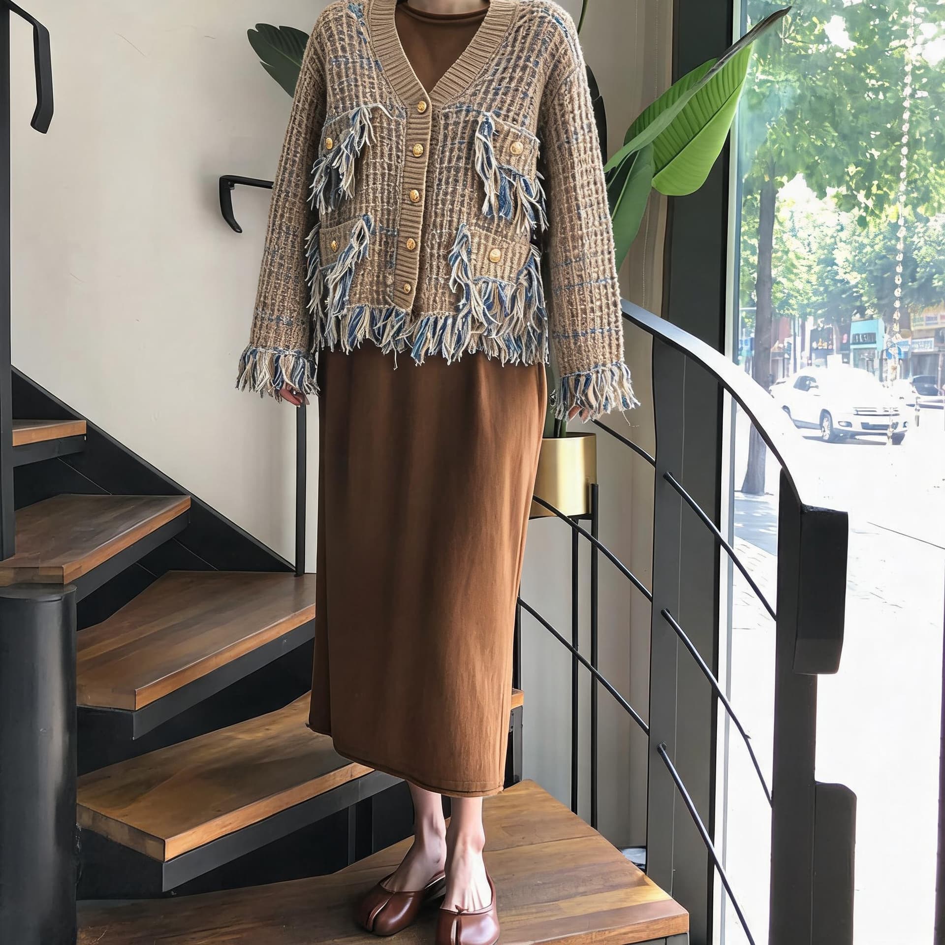 무거운 작업 품격 한국 스타일 니트 술 거친 가장자리 두꺼운 혼합 색상 작은 샤넬 스타일 스웨터 니트 재킷 이미지 3