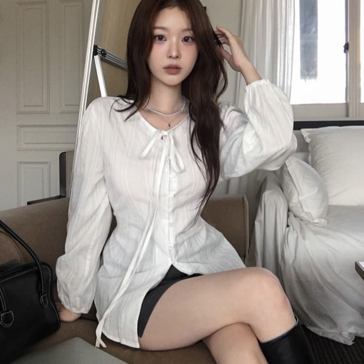 프랑스식 봄 가을 chic 레이스업 긴팔 여성 셔츠 슬림해 보이는 싱글 줄 버튼 셔츠 자외선 차단 재킷 이미지 2