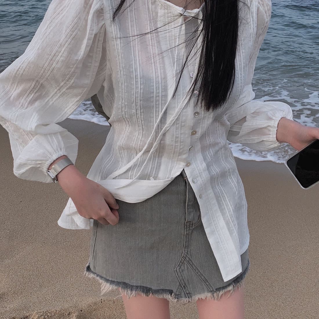 프랑스식 봄 가을 chic 레이스업 긴팔 여성 셔츠 슬림해 보이는 싱글 줄 버튼 셔츠 자외선 차단 재킷 이미지 5