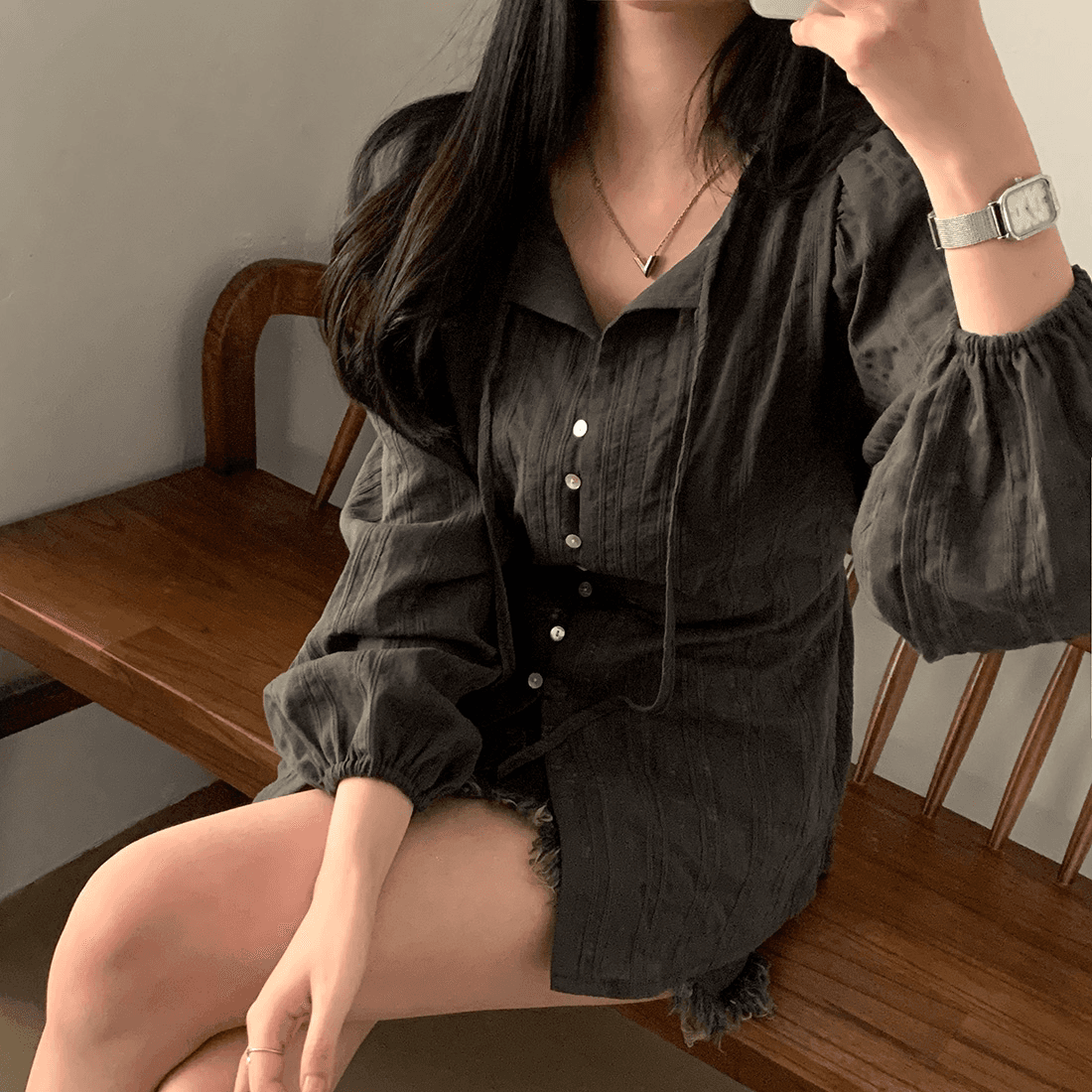 프랑스식 봄 가을 chic 레이스업 긴팔 여성 셔츠 슬림해 보이는 싱글 줄 버튼 셔츠 자외선 차단 재킷 상세 이미지 10