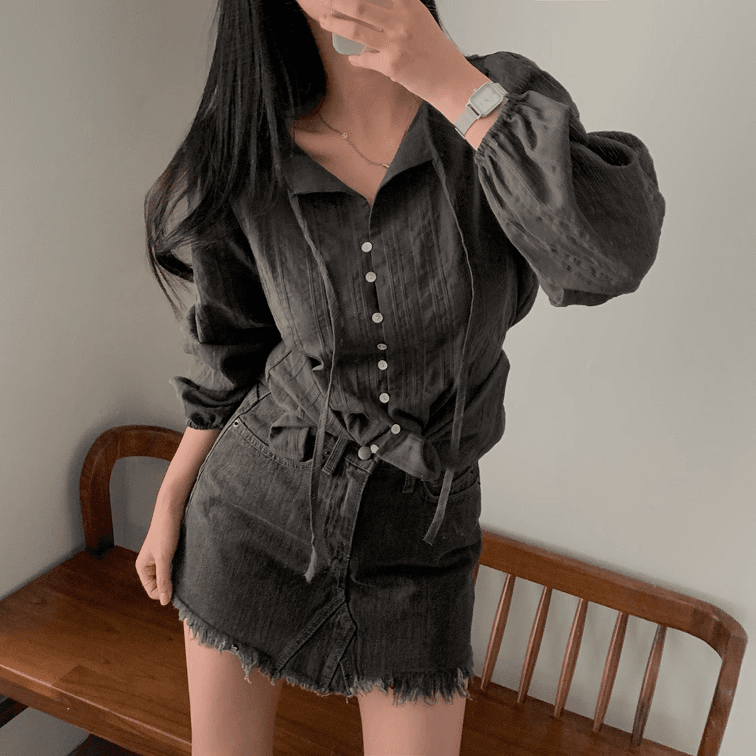 프랑스식 봄 가을 chic 레이스업 긴팔 여성 셔츠 슬림해 보이는 싱글 줄 버튼 셔츠 자외선 차단 재킷 상세 이미지 13