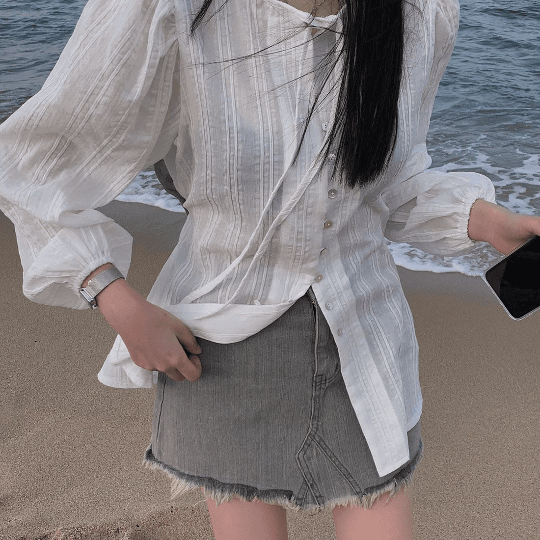 프랑스식 봄 가을 chic 레이스업 긴팔 여성 셔츠 슬림해 보이는 싱글 줄 버튼 셔츠 자외선 차단 재킷 상세 이미지 20