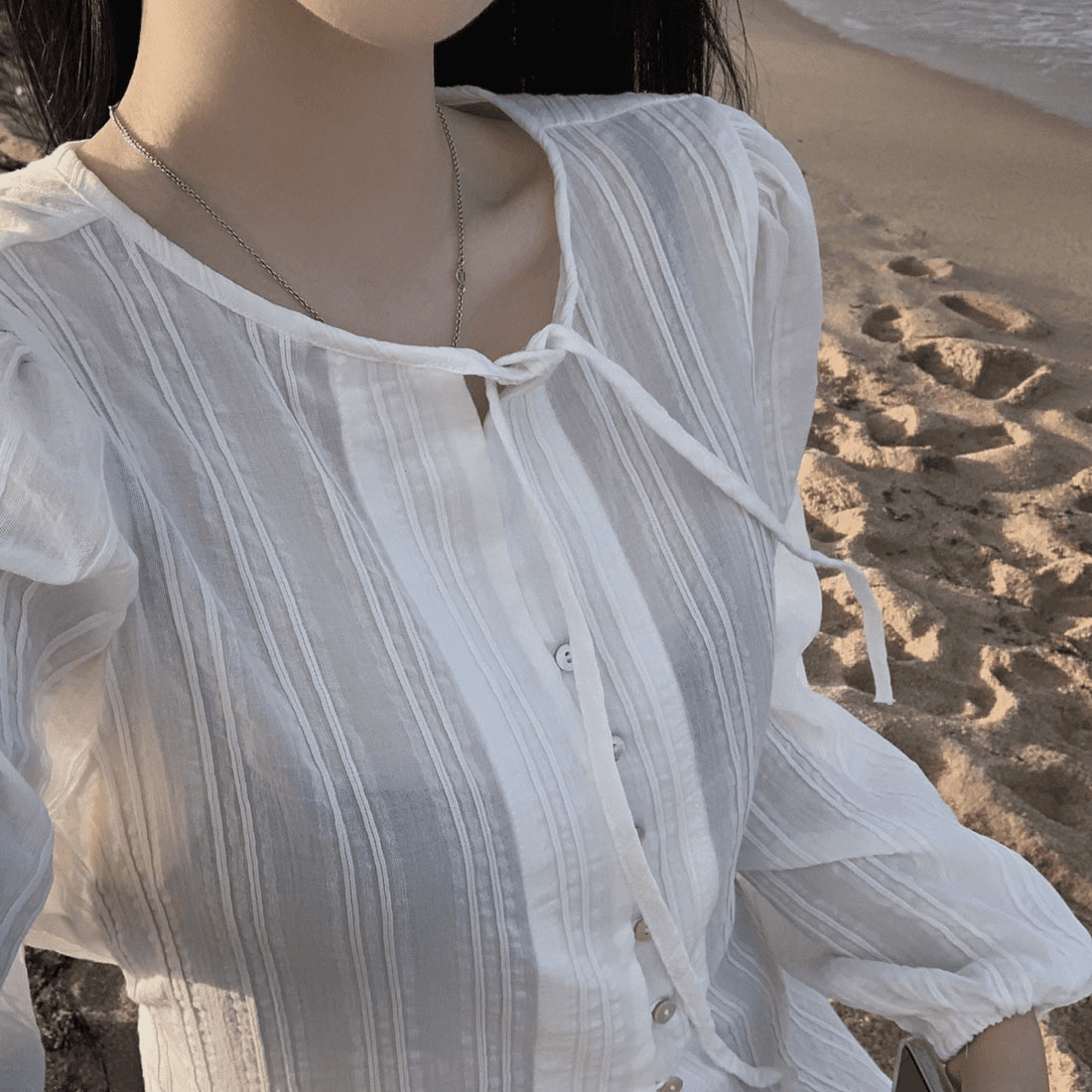 프랑스식 봄 가을 chic 레이스업 긴팔 여성 셔츠 슬림해 보이는 싱글 줄 버튼 셔츠 자외선 차단 재킷 상세 이미지 26