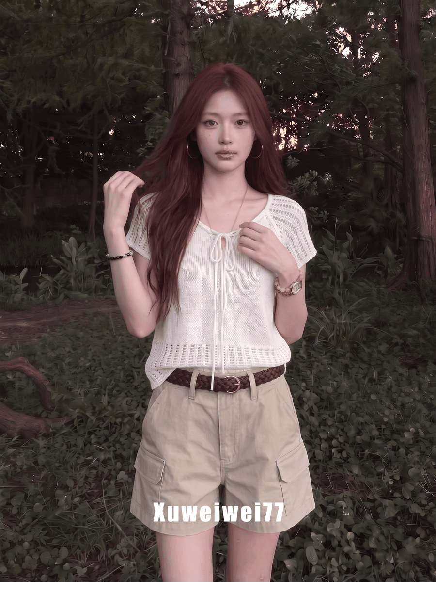 한 부서 홀로우 아웃 V넥 레이스업 반팔 니트 스웨터 여성 여름 새로운 패션 품격 고유 한 아름다운 슬림해 보이는 맨위 이미지 4