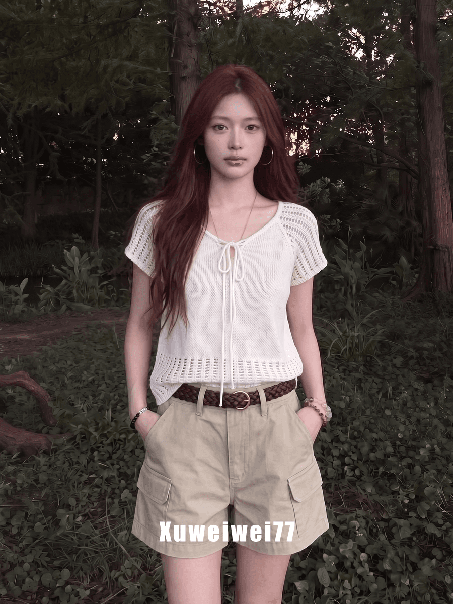 한 부서 홀로우 아웃 V넥 레이스업 반팔 니트 스웨터 여성 여름 새로운 패션 품격 고유 한 아름다운 슬림해 보이는 맨위 이미지 2