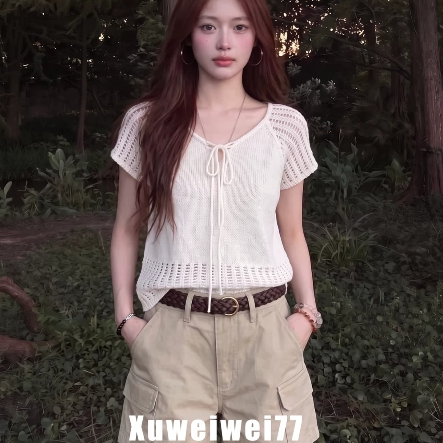 한 부서 홀로우 아웃 V넥 레이스업 반팔 니트 스웨터 여성 여름 새로운 패션 품격 고유 한 아름다운 슬림해 보이는 맨위