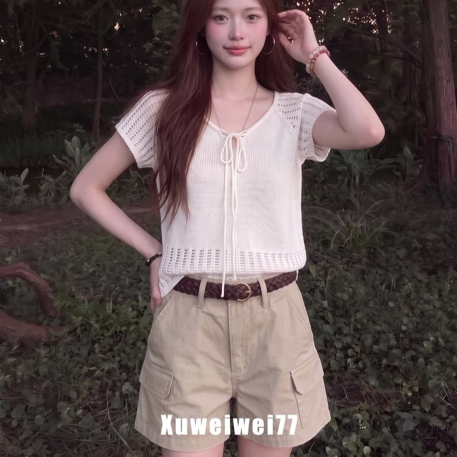 한 부서 홀로우 아웃 V넥 레이스업 반팔 니트 스웨터 여성 여름 새로운 패션 품격 고유 한 아름다운 슬림해 보이는 맨위 이미지 3