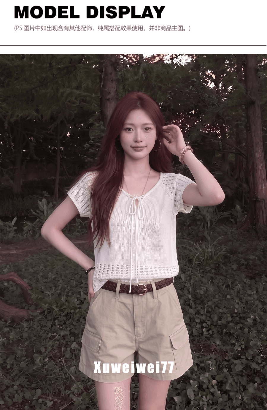 한 부서 홀로우 아웃 V넥 레이스업 반팔 니트 스웨터 여성 여름 새로운 패션 품격 고유 한 아름다운 슬림해 보이는 맨위 상세 이미지 3
