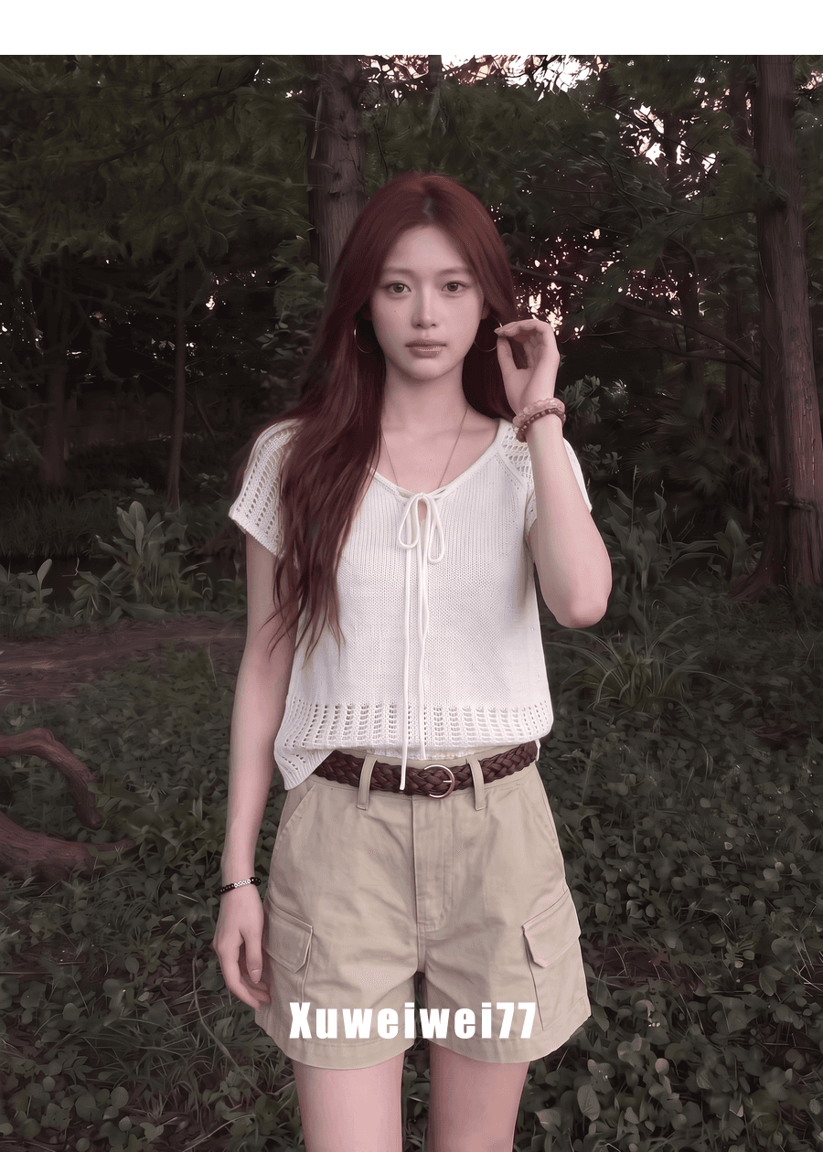 한 부서 홀로우 아웃 V넥 레이스업 반팔 니트 스웨터 여성 여름 새로운 패션 품격 고유 한 아름다운 슬림해 보이는 맨위 상세 이미지 4