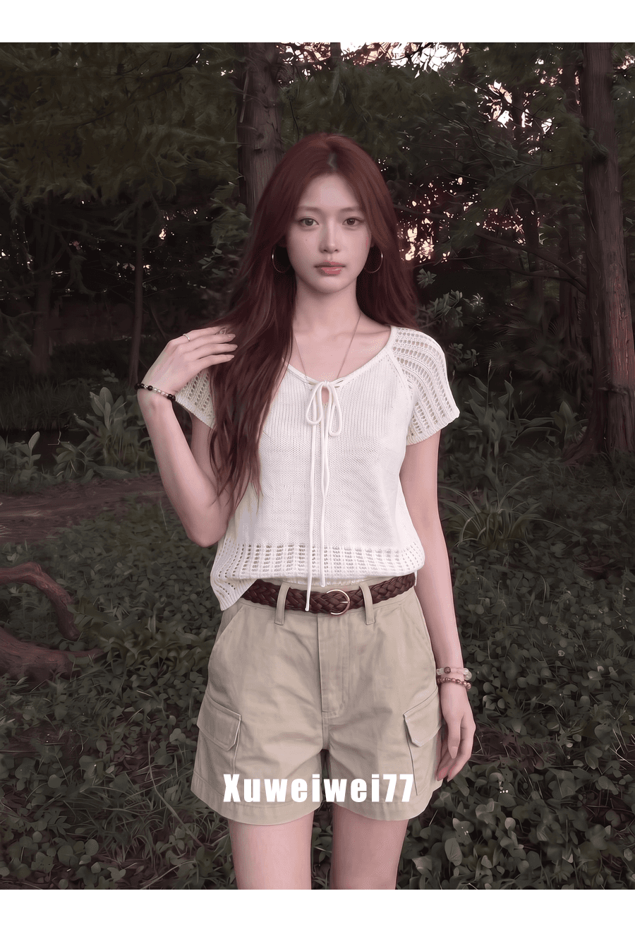 한 부서 홀로우 아웃 V넥 레이스업 반팔 니트 스웨터 여성 여름 새로운 패션 품격 고유 한 아름다운 슬림해 보이는 맨위 상세 이미지 5