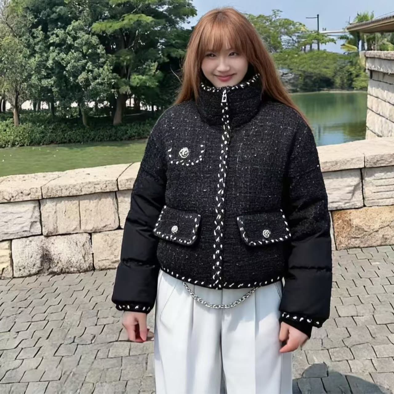 2026 작은 샤넬 스타일 스탠드 칼라 패치워크 두꺼운 쇼트 스타일 면 옷 재킷 이미지 4
