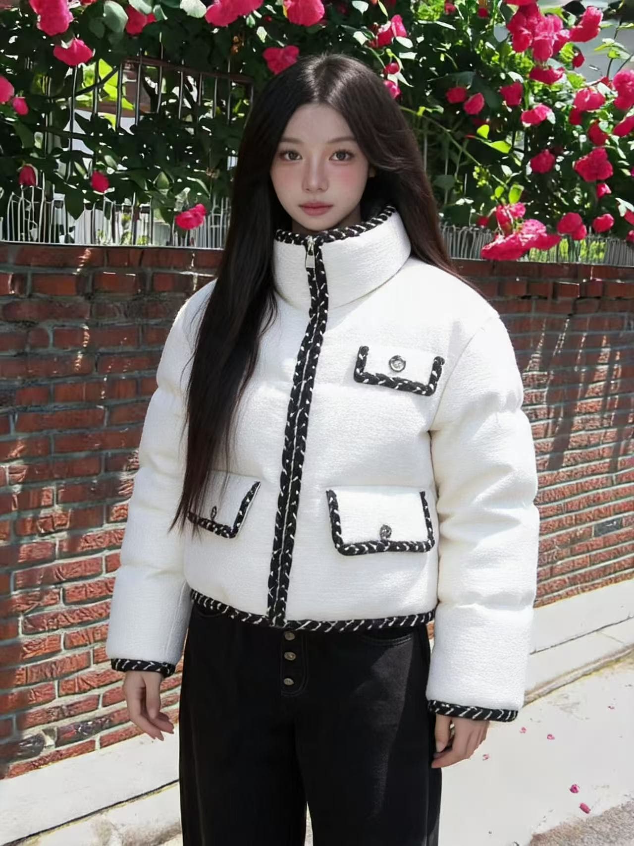 2026 작은 샤넬 스타일 스탠드 칼라 패치워크 두꺼운 쇼트 스타일 면 옷 재킷 상세 이미지 2