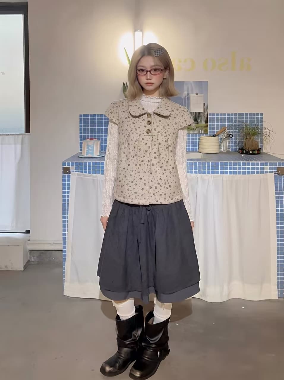 한 부서 학원 스타일 달콤함 도트 무늬 베이비 칼라 쇼트 스타일 모직 맨위 몸매 가꾸기 만나는 투피스 슈트 상세 이미지 2