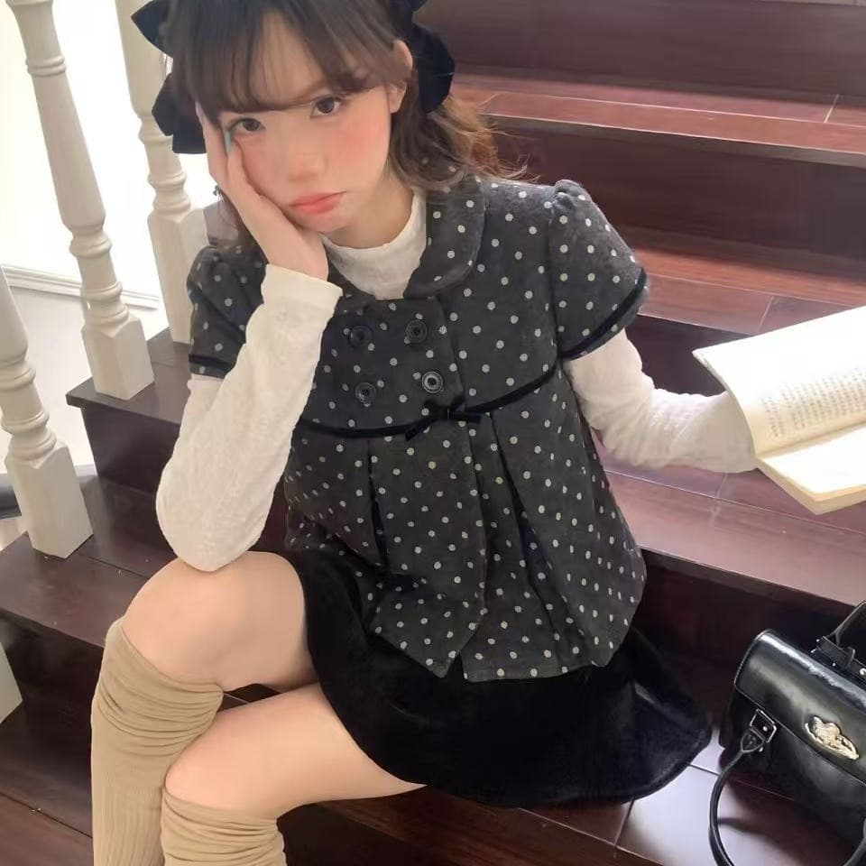 레트로 천 금빛 바람 리본 도트 무늬 베스트 모직 목이버섯 레이스 레이스 기본 셔츠 투피스 슈트