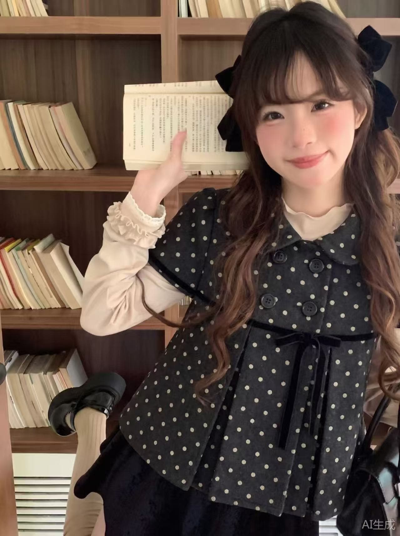 레트로 천 금빛 바람 리본 도트 무늬 베스트 모직 목이버섯 레이스 레이스 기본 셔츠 투피스 슈트 상세 이미지 2