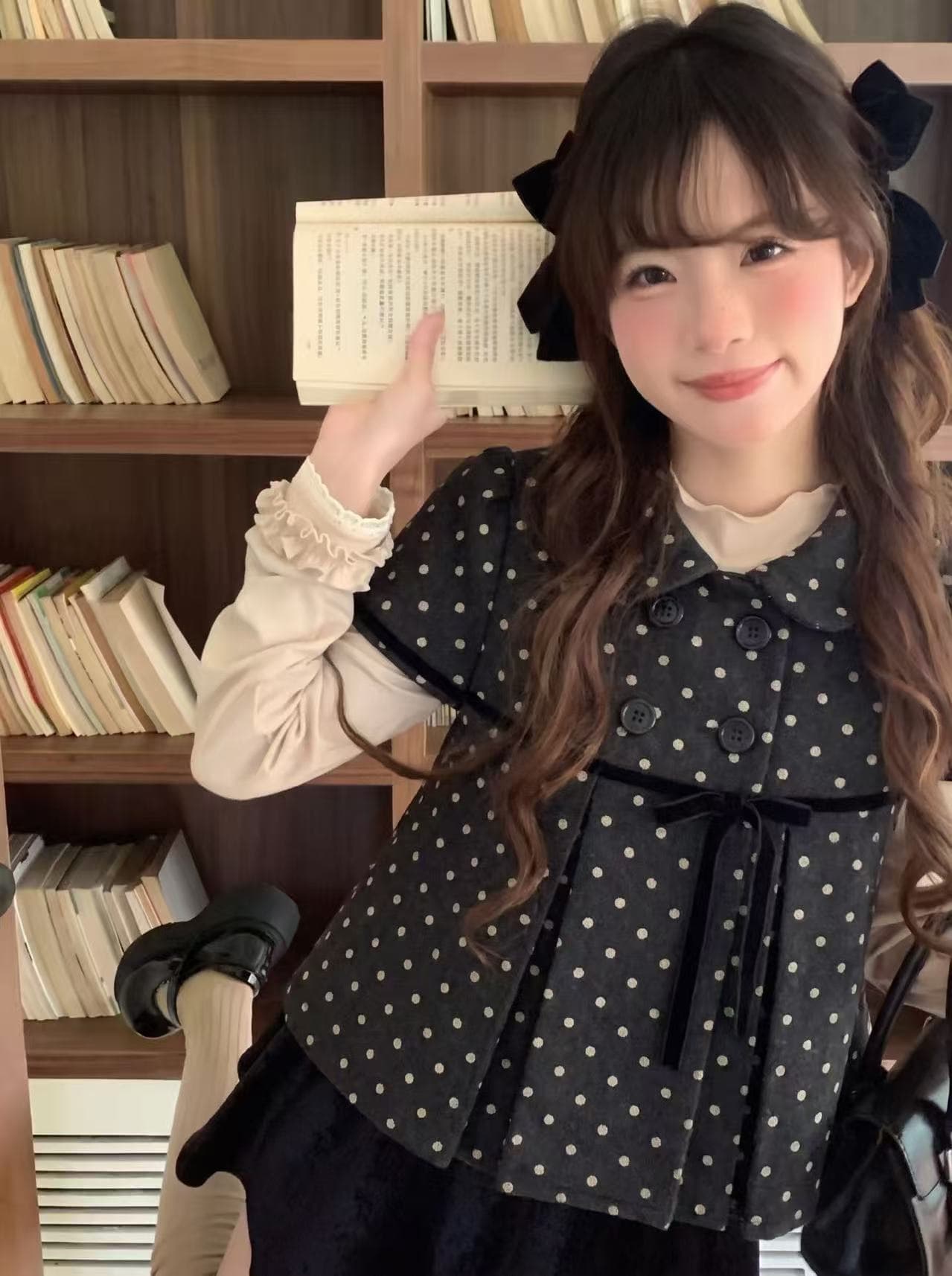 레트로 천 금빛 바람 리본 도트 무늬 베스트 모직 목이버섯 레이스 레이스 기본 셔츠 투피스 슈트 상세 이미지 5