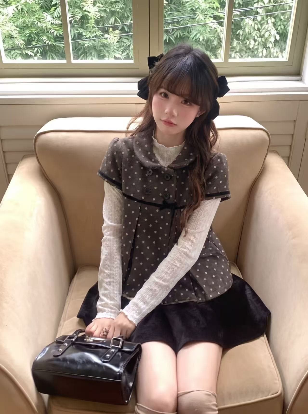 레트로 천 금빛 바람 리본 도트 무늬 베스트 모직 목이버섯 레이스 레이스 기본 셔츠 투피스 슈트 상세 이미지 6